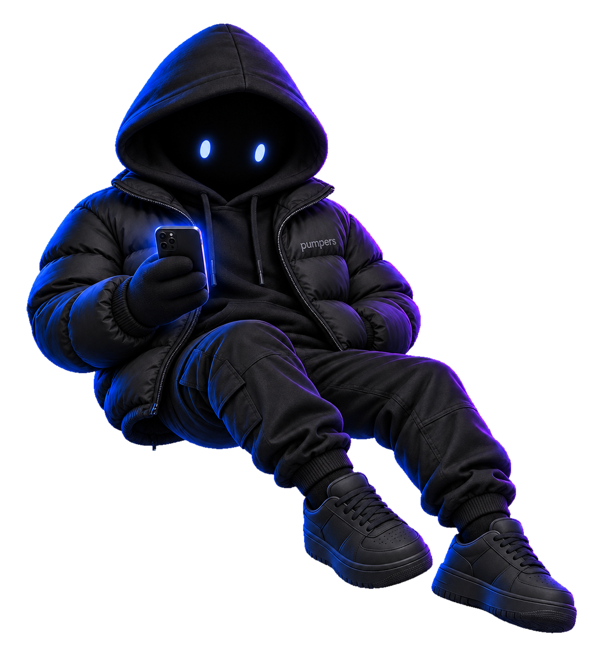The friendly hooded Pumpers mascot with glowing blue eyes, a black puffer jacket, and a phone